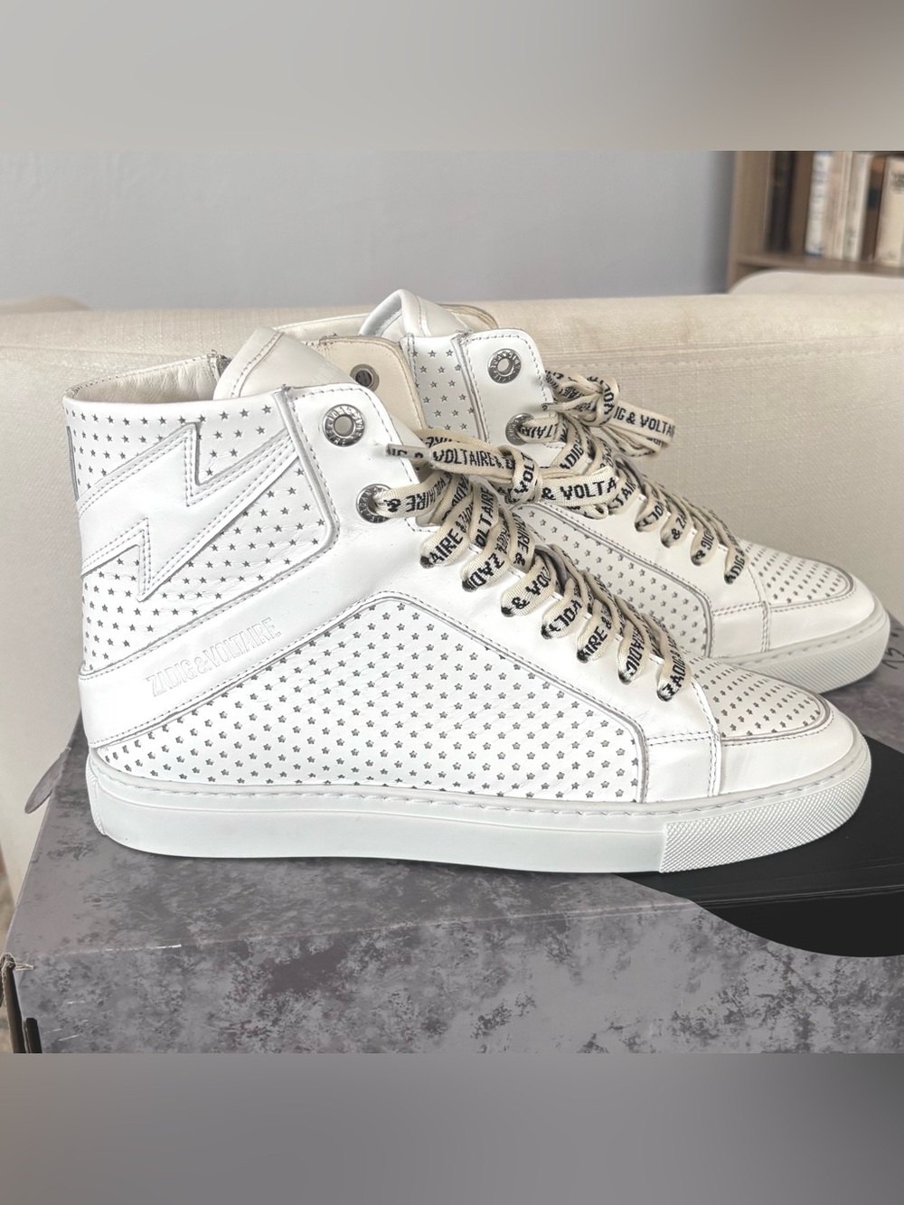 Zadig & Voltaire High Flash Sneakers 38 Womens Fits 7.5-8 White Leather ZV1747